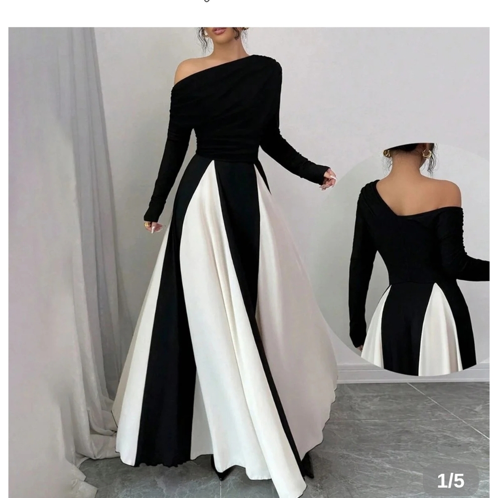 Elegant B&W One-Shoulder NWT Maxi Dress L